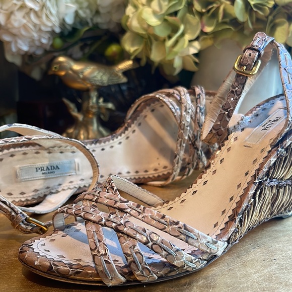 Prada Raffia Wedge Sandal in Snakeskin - Picture 8 of 16